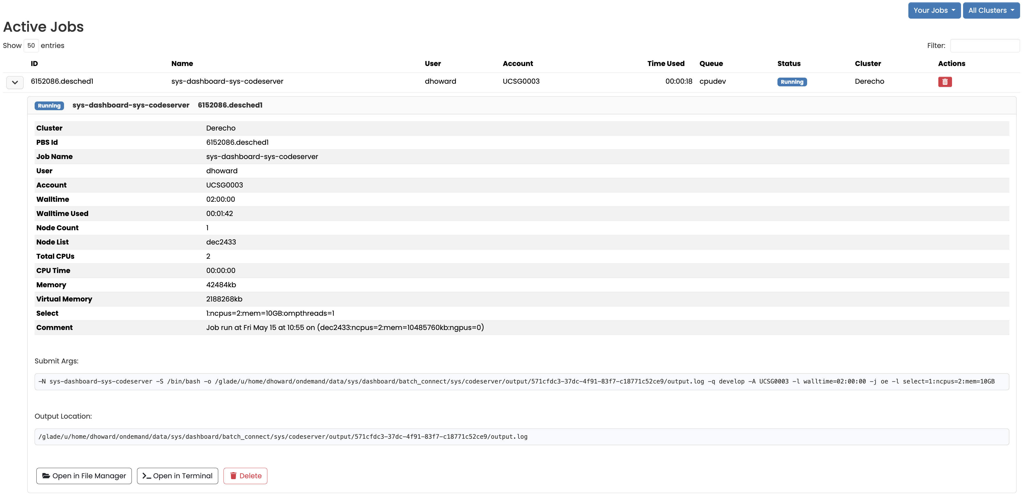 Open OnDemand active jobs dashboard example
